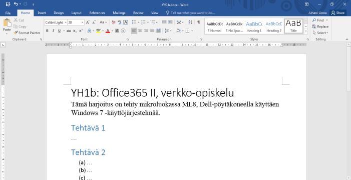 Aluksi Avaa tietokone ja mikäli teet harjoituksen mikroluokassa, kirjaudu sisään peruspalvelutunnuksellasi. Etsi koneelta MS Word tekstinkäsittelyohjelma, ja avaa sillä tyhjä dokumentti.