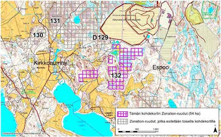 Espoo Kirkkonummi, Zonation-aluetunnus 132 ESPOO KIRKKONUMMI (132) Kartassa esitetty aluerajaus (taulukko) perustuu elinympäristöjen osalta tietoon alueen erityisen arvokkaista metsäelinympäristöistä