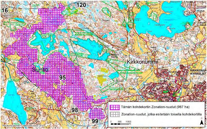Siuntio Kirkkonummi, Zonation-aluetunnus 95 SIUNTIO KIRKKONUMMI (95) Alue sijaitsee Siuntion kaakkoisosissa kuntakeskuksen itäpuolella Bölen ja Djupbäckin kylien välissä pääosin metsäisellä ja