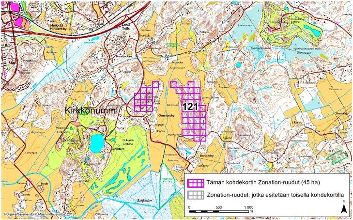 Kirkkonummi, Zonation-aluetunnus 121 KIRKKONUMMI (121) Alue sijaitsee Kirkkonummen keskiosissa Bondarbyn ja Gunnarsbyn pohjoispuolella lähes asumattomalla kallioisella metsäalueella.