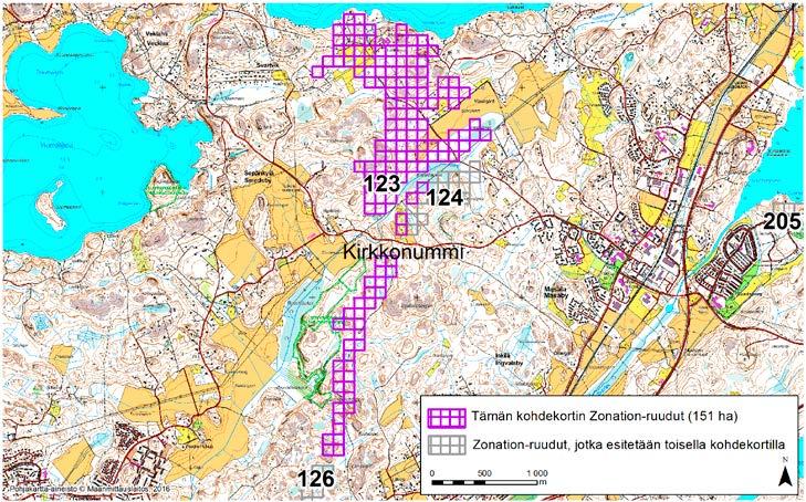 Kirkkonummi, Zonation-aluetunnus 123 KIRKKONUMMI (123) Alue sijaitsee Kirkkonummen keskiosissa Masalan (Masaby) ja Sepänkylän (Smedsby) välissä pääosin asumattomalla ja metsäisellä alueella.