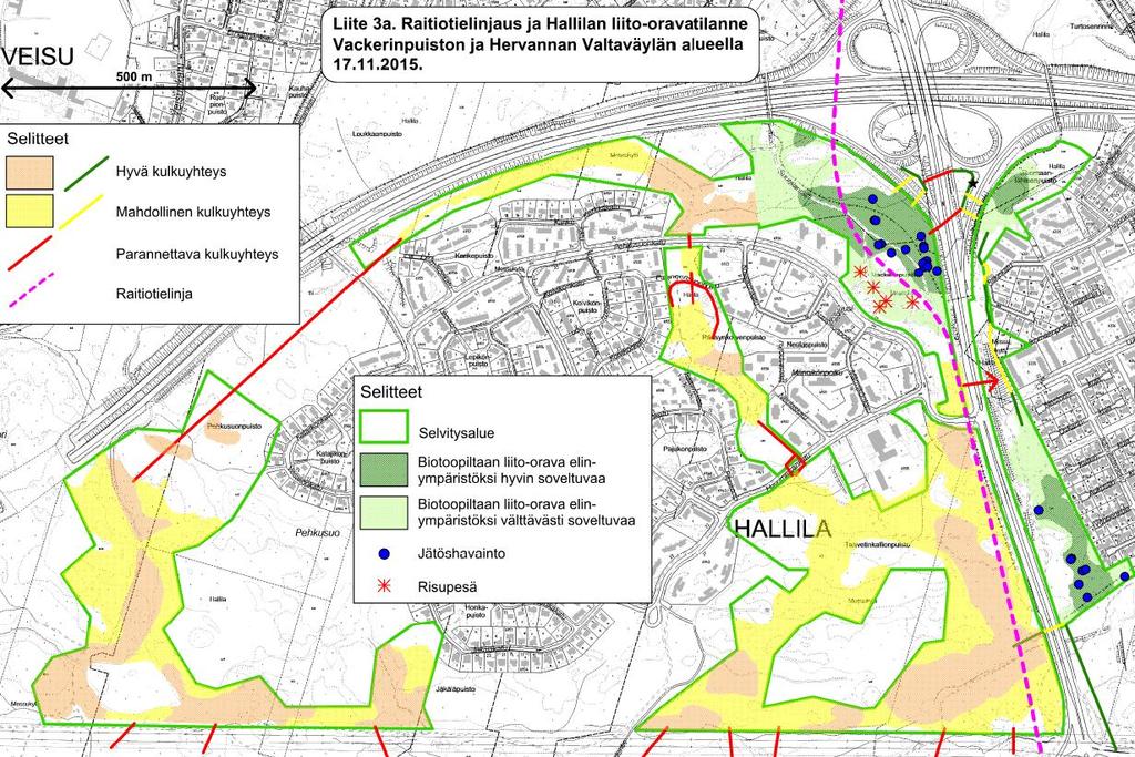 Kaava- alueen ja sen ympäristön liito- oravahavainnot 17.11.2015. Pesinnät ja yksilömäärät Hallilassa ei todettu varmistettua liito-oravan pesintää vuonna 2014 eikä keväällä 2015.