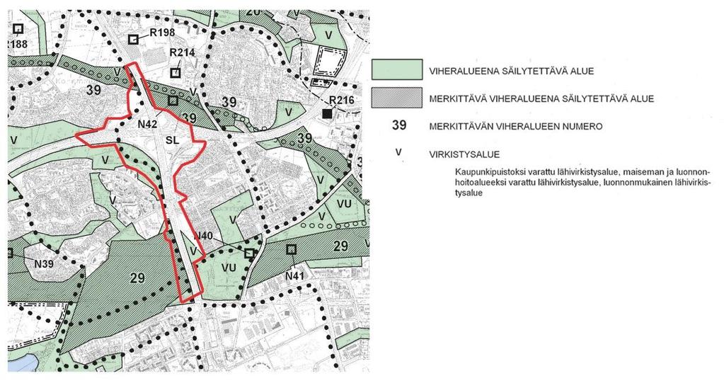Ote kantakaupungin yleiskaavasta; Viherverkko ja suojelu. Suunnittelualueen rajaus punaisella. 3.2.1.