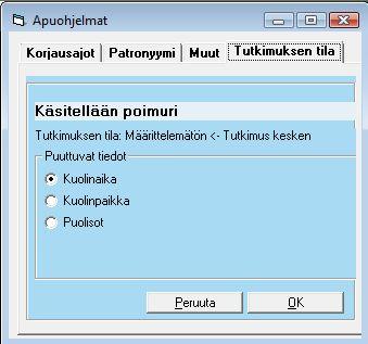 Pitkät tekstit -toiminto etsii kaikki henkilötekstit, jotka ovat vähintään annetun pituuden mittaisia ja poimii kyseiset henkilöt poimuriin (laita ennen toiminnon käyttöä poimuri päälle Optiot -