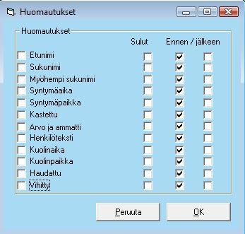 Huomautusten käsittelylle on näyttö, josta voidaan valita mitkä niistä tulostetaan. Lisäksi voidaan valita laitetaanko tulostuksessa huomautus sulkuihin ja tulostetaanko se ennen vai jälkeen ko.