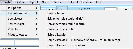 11. Tulosta esivanhemmat Esipolvitaulu Tulostaa päähenkilön esivanhemmat esipolvitauluna. Tulostuksen laajuutta voi rajata sukupolvien lukumäärällä.