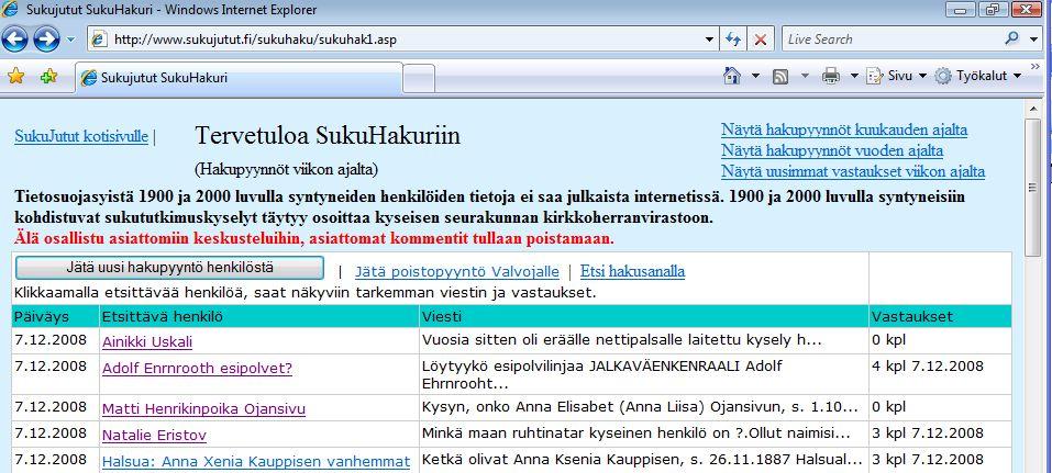 Henkilön numeroa klikkaamalla voidaan taas valita sopiva henkilö ja siirtyä Keskusikkunaan tarkastelemaan kyseisen henkilön perhetietoja.