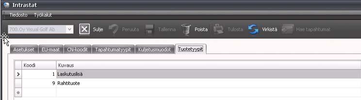 1.4.6 Tuotetyypit Välilehdellä Tuotetyypit perustat käytettävät tuotetyypit syöttämällä koodin ja selitteen.