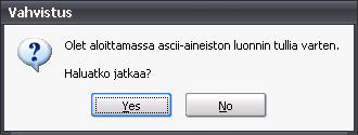 Aineiston tiedot tulosteena. 2.4.3 ASCII-aineiston luonti Painikkeella Luo aineisto muodostat Tullille sähköisesti lähetettävät aineistot ikkunassa näkyvistä tapahtumista.