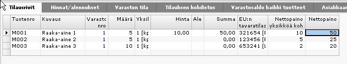 Nettopaino Myyntitilauksen riviosio. Kuvaruuduissa esitetyt sijainnit ovat vain ehdotuksia kenttien paikaksi, Visma Business - myyntinäkymät voivat olla yrityskohtaisia. 1.3.2.