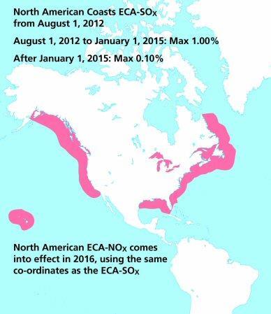 Lisäksi SECA alue kattaa Pohjois-Amerikan rannikolla 200 merimailin vyöhykkeen rannikosta ulkomerelle. Kuva 2. havainnollistaa asiaa: 6 Kuva 2. Pohjois-Amerikan SECA-alue.