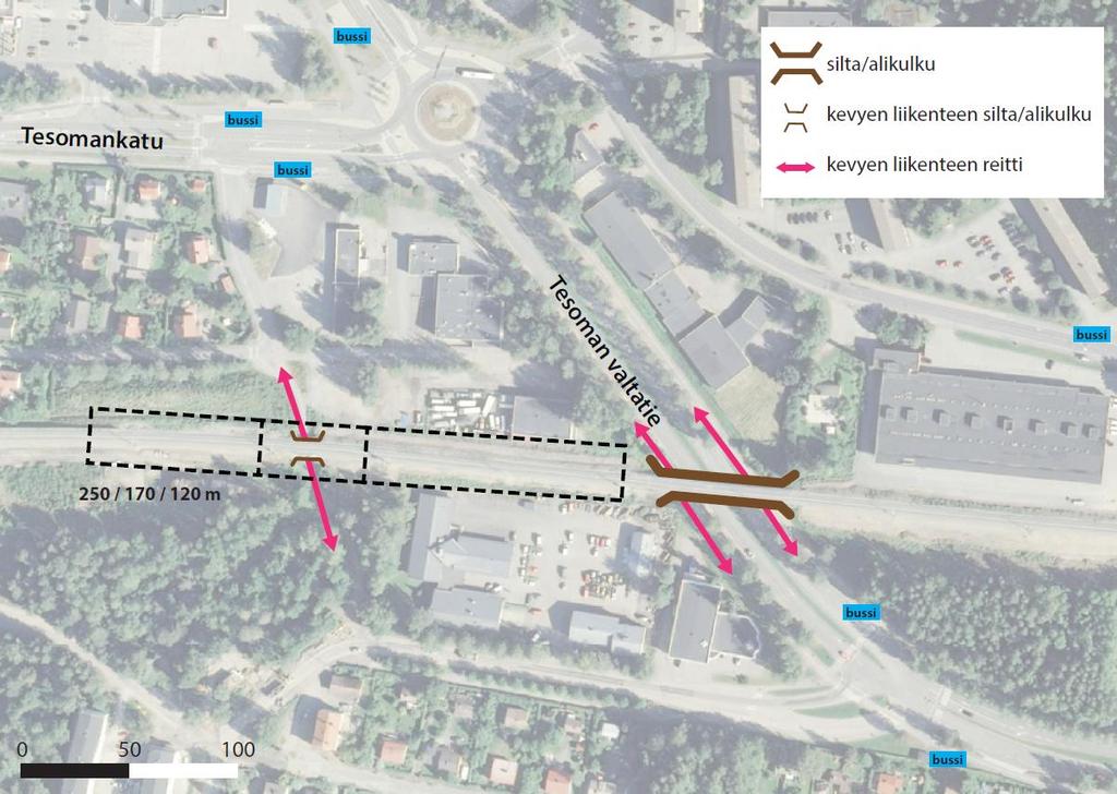 3.2 Esimerkkiasemien ratatekniset tarkastelut 3.2.1 Tesoman aseman rakentaminen Tesoman aseman sijainti on määritelty Tesoman seisakeselvityksessä Tesoman valtatien ylittävän ratasillan länsipuolelle (kuva 6).