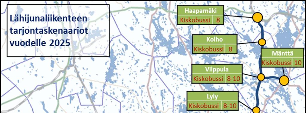 4.3 Lähijunaliikenteen tarjontaskenaariot vuodelle 2025 Lähiliikenteen tarjontaa vuonna 2025 on tarkasteltu Toijalan, Vammalan ja Oriveden suunnissa (kuva 18).