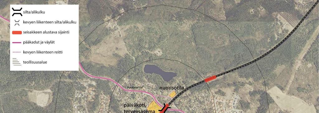 5.5 Oriveden suunnan esimerkkiasemien maankäytön potentiaali ja liikenteen kysyntä 5.5.1 Ruutanan maankäytön potentiaali Nykyinen maankäyttö aseman lähiympäristössä Ruutana on pieni Kangasalan taajama, jossa on jonkin verran peruspalveluita (kuva 24).