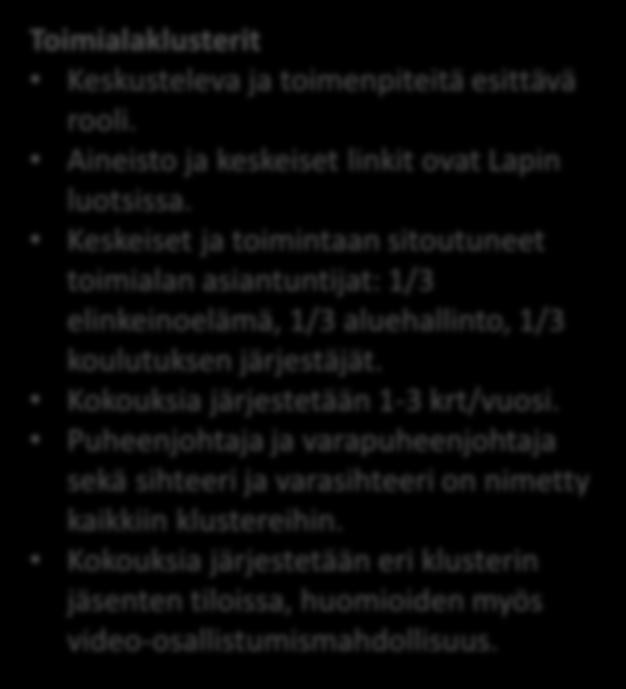 Seuraavat klusteritoiminnan kehittymistä kullekin nimetyn klusterin osalta Ennakointikoordinaattori Huolehtii suunnitelman mukaisesta klusteritoiminnan kehittämisestä.