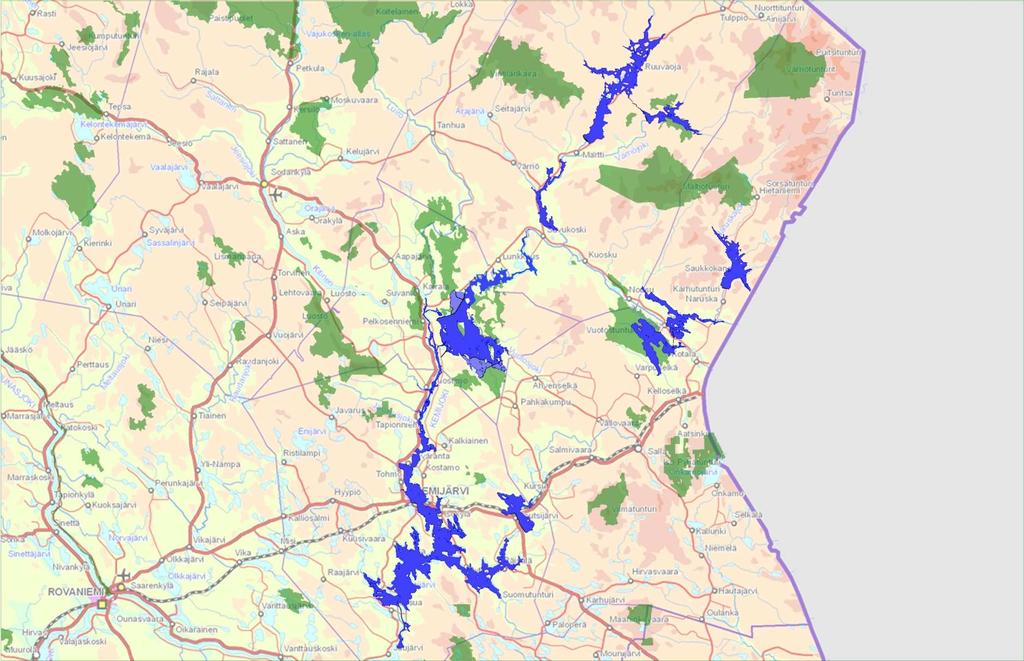 Allastilavuuden lisäyksellä vältettävä tulva-alue Allastilavuus ~ 500 milj. m³, tulvan toistuvuus 1/100 Tulvavahingoilta säästyvä alue Tulvavahingoilta säästyy yhteensä noin 1 030 rakennusta.