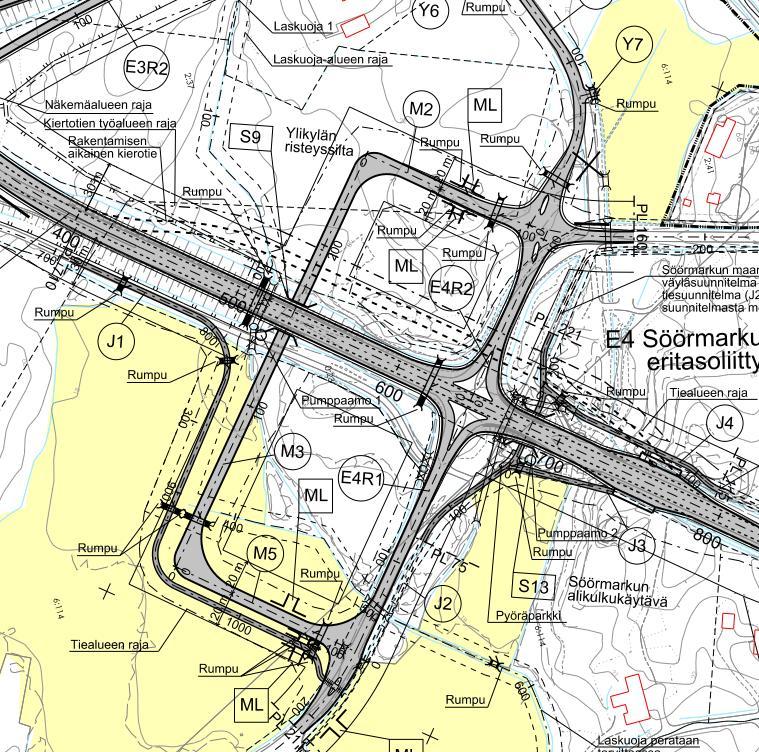 Valtateiden 8 ja 23 parantaminen rakentamalla Söörmarkun eritasoliiittymä, Pori 10.2.2017 1.2T Kuva 12. Maanteiden M2, M3 ja M5 alkuperäinen linjaus.