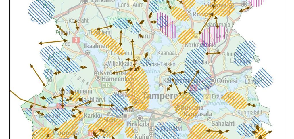 Kuvassa rasteroidut alueet ovat riistanhoitoyhdistysten osoittamia hirvien kesä- ja talviaikaisia laidunalueita.
