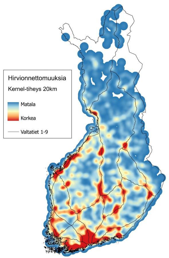Vuosien 2013-2014 aikana eniten hirvieläinonnettomuuksia tapahtui Uudenmaan, Varsinais-Suomen ja Pirkanmaan alueella.