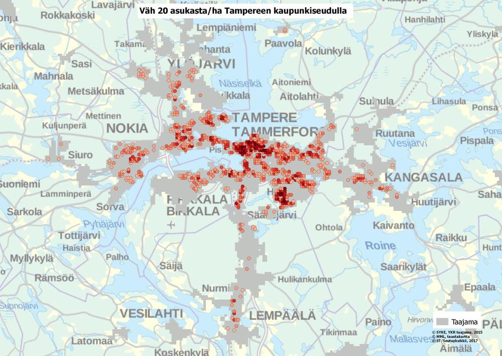Taulukko 1. Vähintään 20 asukasta hehtaarilla asuvien osuus kaupunkiseudun keskustaajamassa.