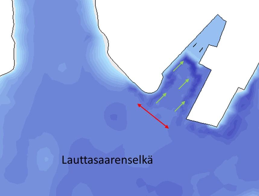 Virtausmalli 6 / 17 Kuva 5. Ahdinaltaan virtausolosuhteisiin vaikuttavat tekijät virtausmallissa: virtaus Ahdinaltaan edustalla (punainen) ja tuuli (vihreä).