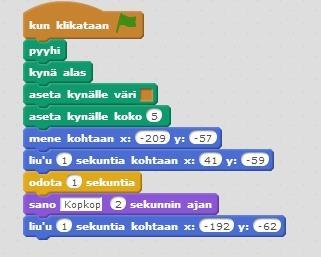 Huomaat, että kynä piirtää viivan ja jatkaa sen piirtämistä aina, kun ohjelma suoritetaan. Laitetaan siis ohjelman alkuun palikka pyyhi jotta ohjelma alkaa aina ilman kynän jälkiä.