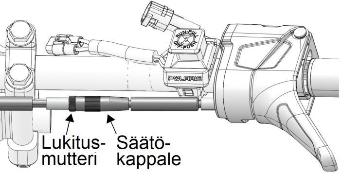 Kaasuvivun välyksen säätö Kaasuvivussa tulee olla 0,25-0,75 mm välys. Se säädetään kaasuvivun runko-osan vieressä olevalla säätökappaleella. 1. Avaa säätökappaleen lukitusmutteri. 2.