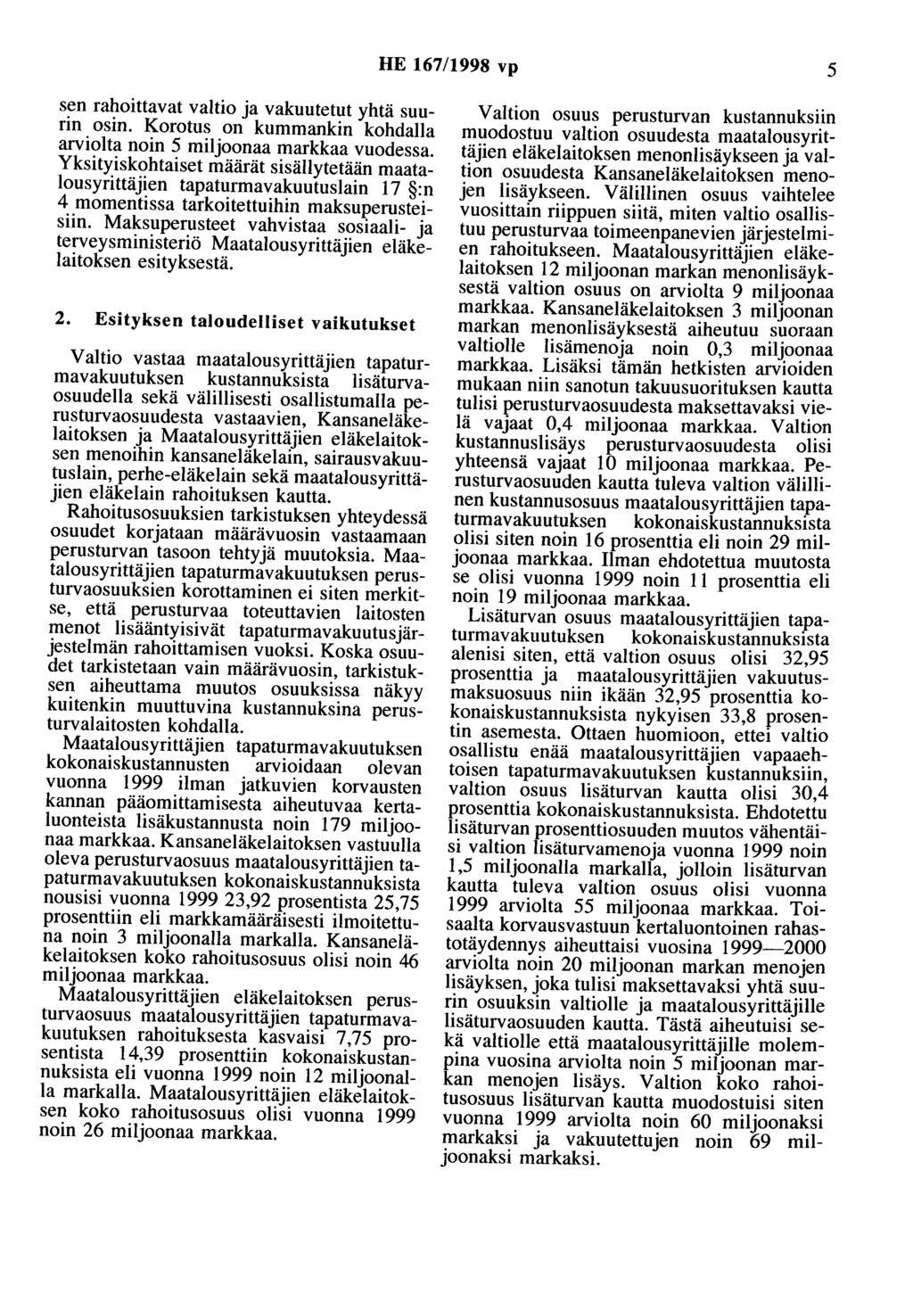 HE 167/1998 vp 5 sen rahoittavat valtio ja vakuutetut yhtä suurin osin. Korotus on kummankin kohdalla arviolta noin 5 miljoonaa markkaa vuodessa.