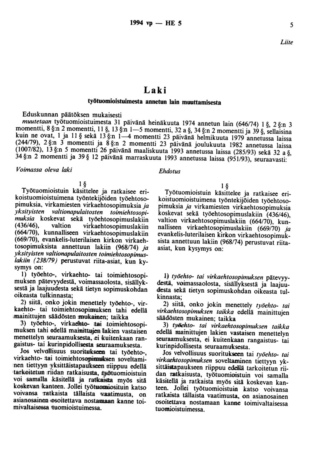 1994 vp- HE 5 5 Liite Laki työtuomioistuimesta annetun lain muuttamisesta Eduskunnan päätöksen mukaisesti muutetaan työtuomioistuimesta 31 päivänä heinäkuuta 1974 annetun lain (646/74) 1, 2 :n 3