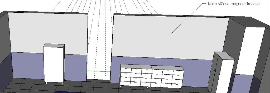 Seinä 3 Seinä maalataan kahdella eri sävyllä sekä osittain magneettimaalilla ja läpinäkyvällä tussimaalilla! Seinän sävy muuttuu 110 cm korkeudella.