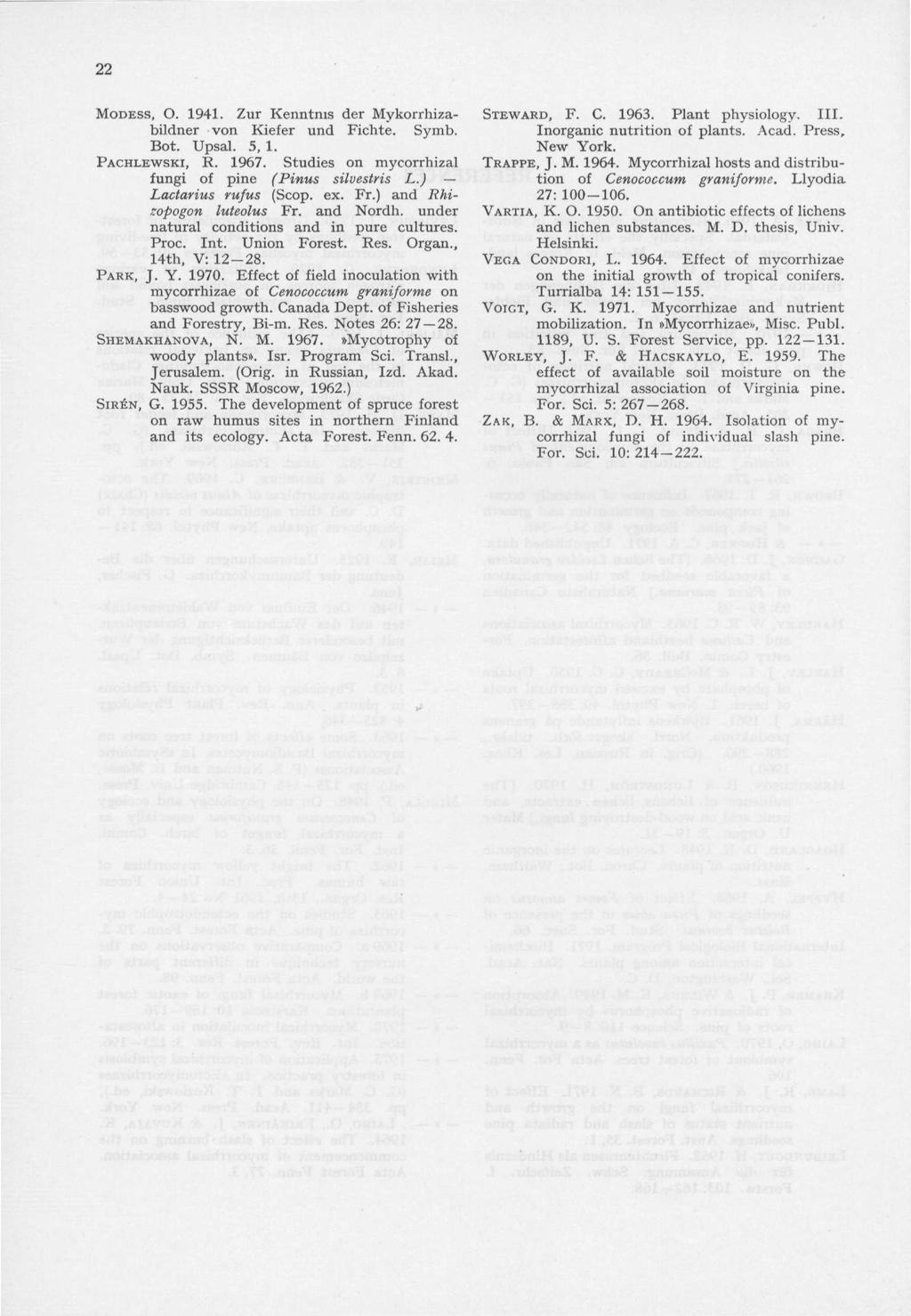 22 MODESS, O. 1941. Zur Kenntms der Mykorrhizabildner von Kiefer und Fichte. Symb. Bot. Upsal. 3, 1. PACHLEWSKI, R. 1967. Studies on mycorrhizal fungi of pine (Pinus siluestris L.