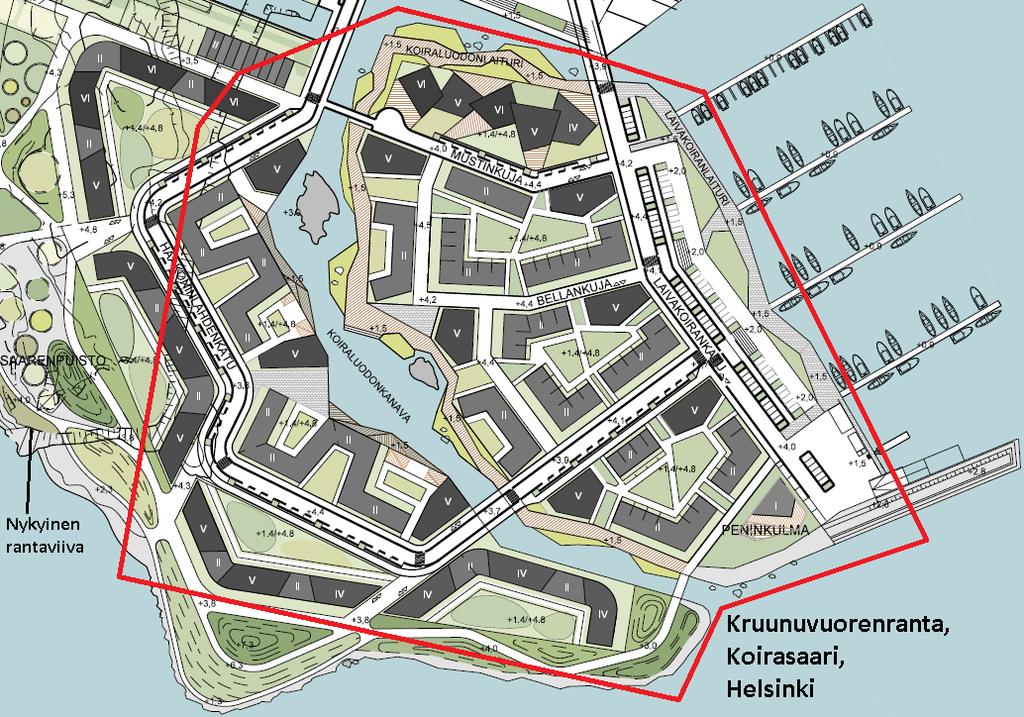 130 Kruunuvuorenrannan Koirasaaressa (kuva 11.2) tullaan tämänhetkisen tiedon perusteella ruoppaamaan ja tekemään meritäyttöä vuonna 2015.