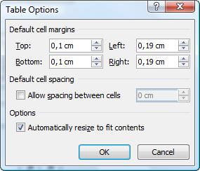 Word 2013 Taulukot 5 Täytteen lisääminen soluihin Soluihin voi lisätä tyhjää tilaa sisällön ja reunaviivan välille Cell margins (Solujen reunukset) painikkeella.