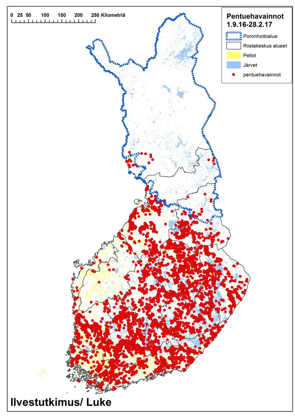 2/11 määrän arvioinnissa huomioitu ne erillislaskentapentueet, joiden lähialueelle ei liity Luken:n, Suomen riistakeskuksen tai Eviran aineiston naaraan perusteella lisääntymisikäisen metsästys- tai