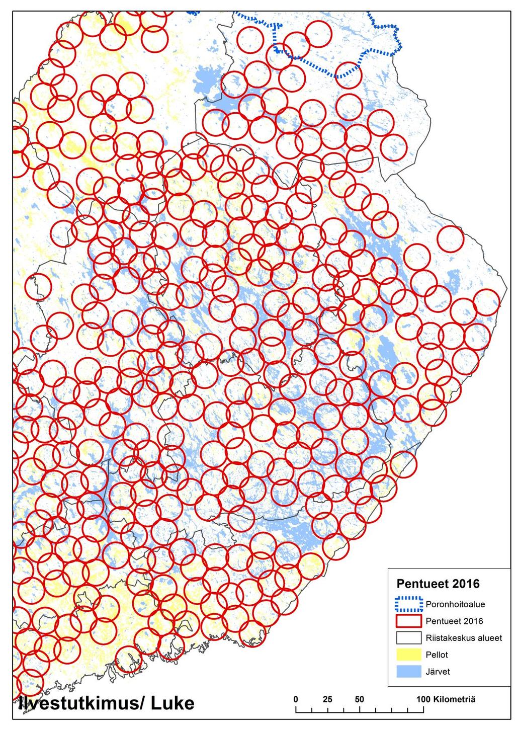 Kuva 3. Ilvespentuehavainnoista johdettu arvio erillisistä pentueista vuonna 2016 esitettynä kartalla: Itäinen alue.