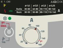 Rakenne ja toiminta Puikkohitsaus 5.2.2 Hitsaustehtävän valinta Tyyppi Rutile Basic Elektrodityyppi rutiili emäksinen Kuva 5-7 5.2.3 Kuumastartti Kuuma-aloitustoiminta parantaa valokaaren sytytystä.