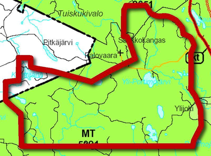 Lähimmät kyläalueet on osoitettu noin 5 km hankealueesta itään (AT 408 eli Portimo) sekä etelään (AT 411 eli Peurajärvi). Noin 5 km hankealueesta etelään on osoitettu pohjavesien suojelualue sp.
