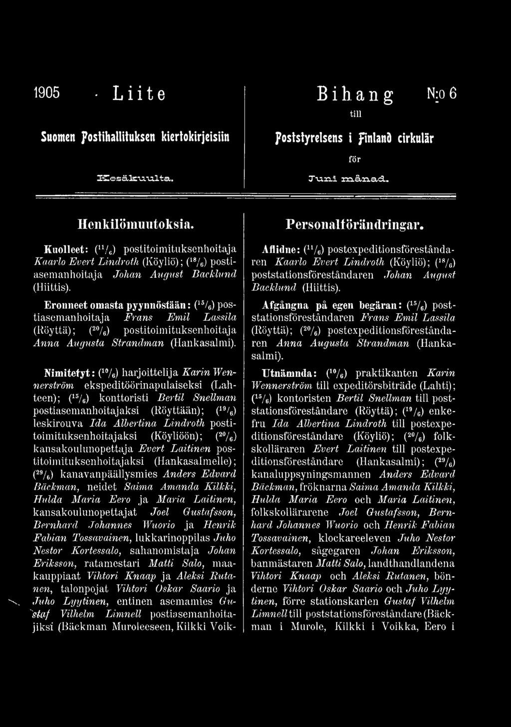 postitoimituksenhoitajaksi (Köyliöön); (2%) kansakoulunopettaja Evert Laitinen postitoimituksenhoitajaksi (Hankasalmelle); (29/e) kanavanpäällysmies Anders Edvard Bäckman, neidet Saima Amanda Kilkki,