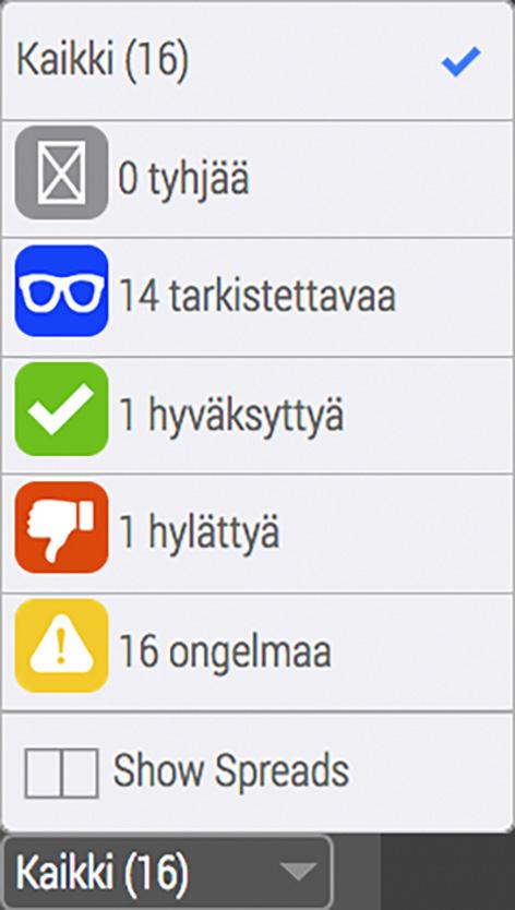 hyväksyntää Kertoo työssä olevien sivujen tilan