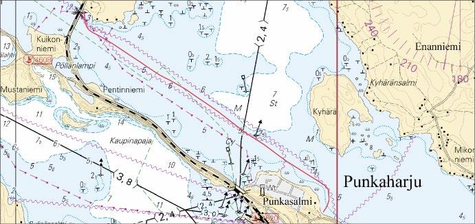 Finland. Vuoksi watercourse. Punkaharju. Submarine cable. The cable passes under the Akonniemi Savilahti channel (2.4 m). Insert in chart. Lisää kaapeli Inför kabel Insert submarine cable: 1) 61 46.