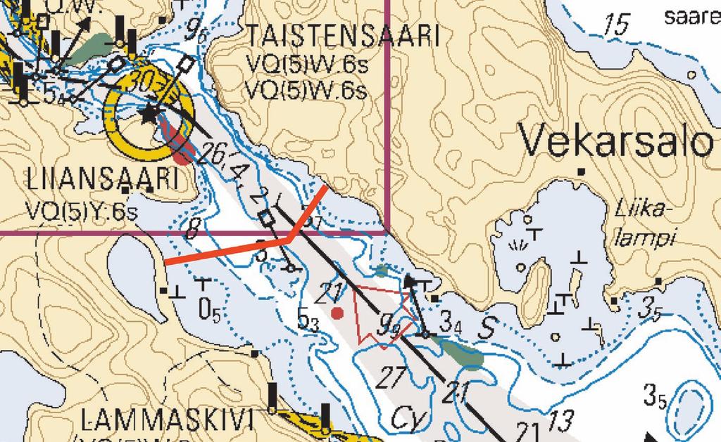 Kabeln går under farleden Kyläniemi Ristiina (4.2 m). Kartmarkering. Finland. Vuoksi watercourse. Hampunsalmi. Submarine cable laid between Liiansaari and Vekarsalo.