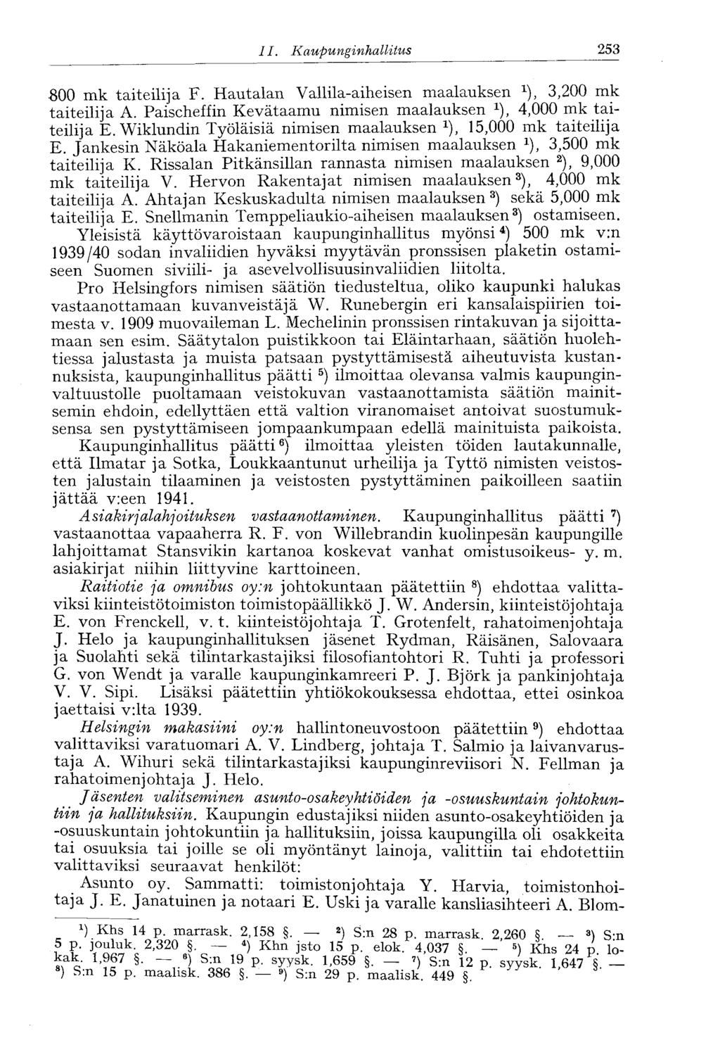 182 II. Kaupunginhallitus ' 253 800 mk taiteilija F. Hautalan Vallila-aiheisen maalauksen 1 ), 3,200 mk taiteilija A. Paischeffin Kevätaamu nimisen maalauksen x ), 4,000 mk taiteilija E.