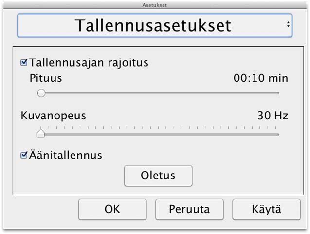 8.4.3.4 Tallennusasetukset Tallennusajan rajoitus Videotallennuksen voi aikarajoittaa yhden sekunnin portain alkaen 10 sekunnista enintään 10 minuuttiin.