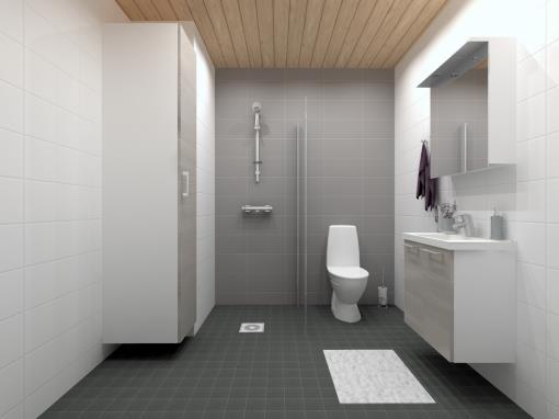 kylpyhuoneesta, jossa lattialaatta on Pukkilan Kivi Grey ja tehostelaatta Pukkilan 20 x 40 cm graniitinharmaa.
