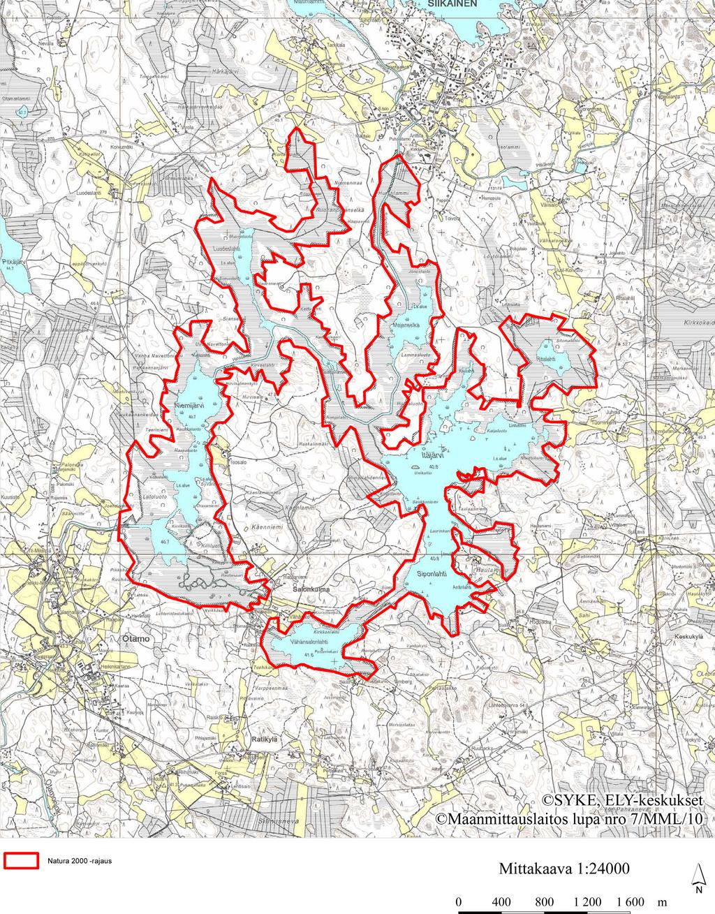 Kuva 2. Niemijärvi-Itäjärven tutkimusalue. Natura-alueen raja on merkitty karttaan punaisella.