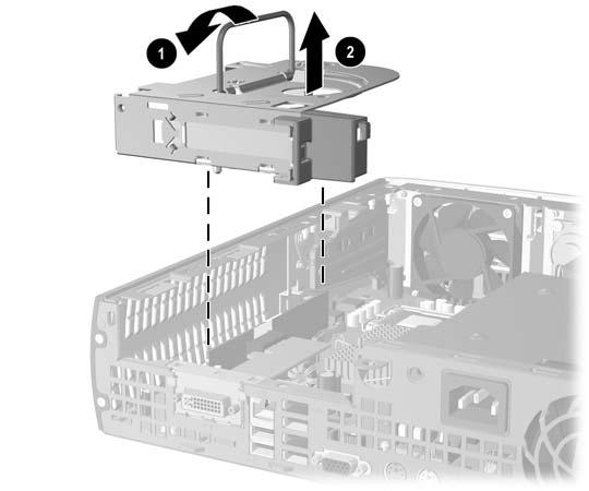 7. Tartu laajennuskorttiyksikön kahvasta (1) ja nosta se suoraan ylöspäin pois tietokoneesta (2). Kuva 2-12 PCI Express -laajennuskortin kiinnikkeen irrottaminen 8.