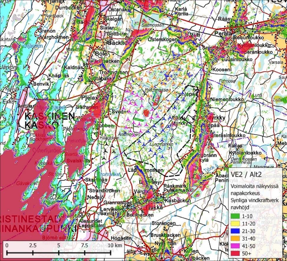 Kuva 39. Näkyvyysalueanalyysi vaihtoehdon VE 2 napakorkeuden mukaan.