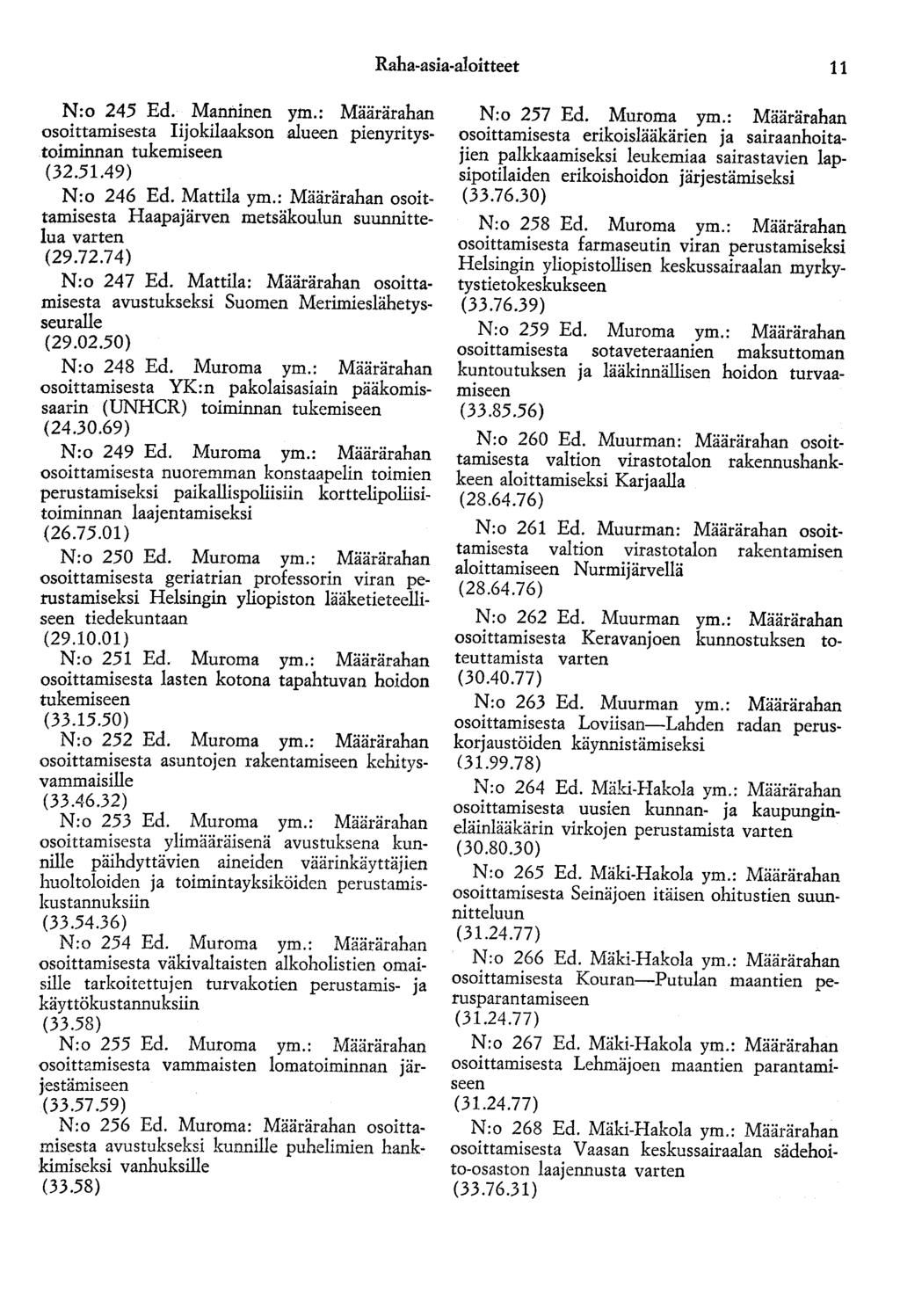 Raha-asia-aloitteet 11 N:o 245 Ed. Manninen ym.: Määrärahan osoittamisesta Iijokilaakson alueen pienyritystoiminnan tukemiseen (32.51.49) N:o 246 Ed. Mattila ym.