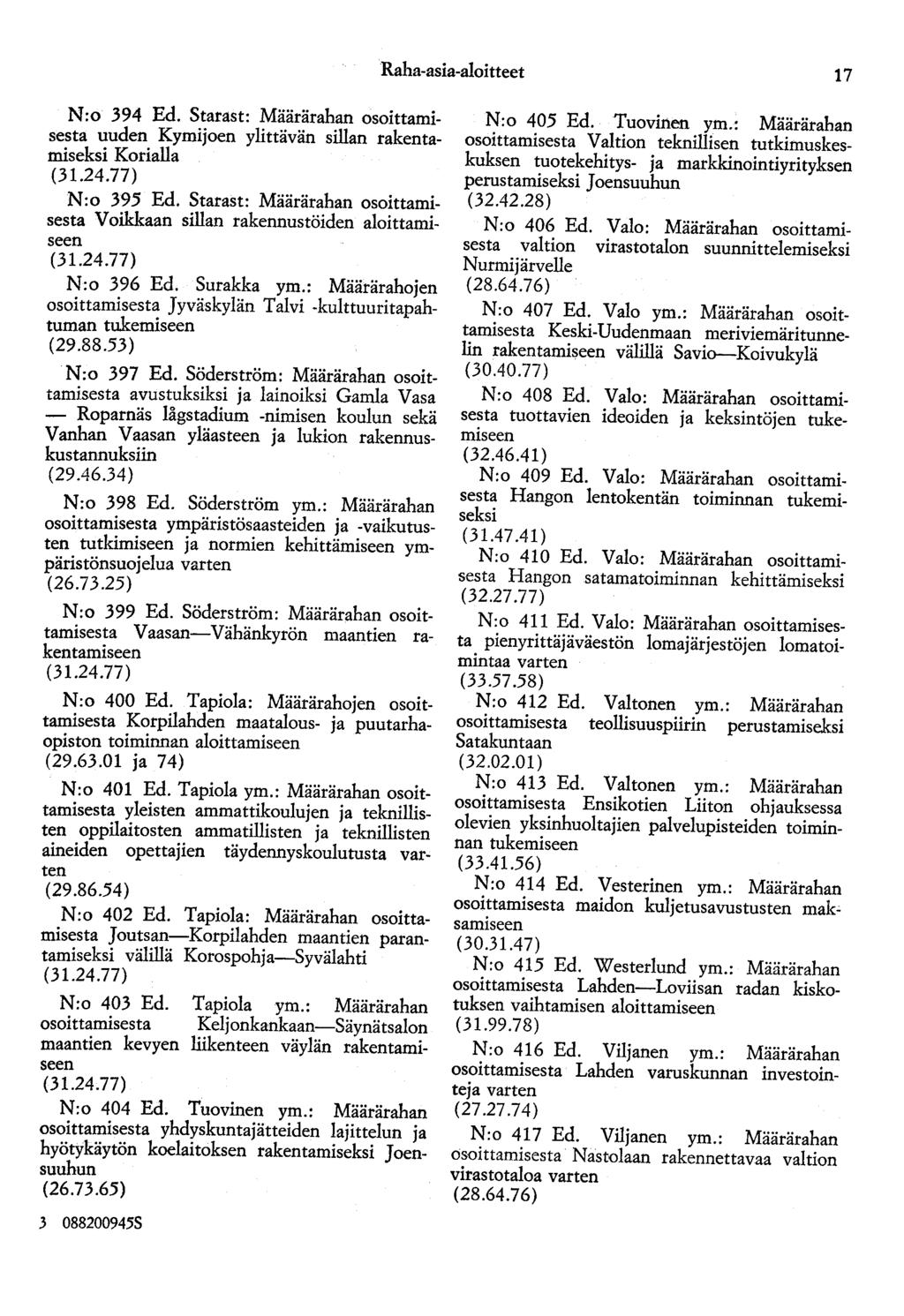 Raha-asia-aloitteet 17 N:o 394 Ed. Starast: Määrärahan osoittamisesta uuden Kymijoen ylittävän sillan rakentamiseksi Korialla N:o 395 Ed.