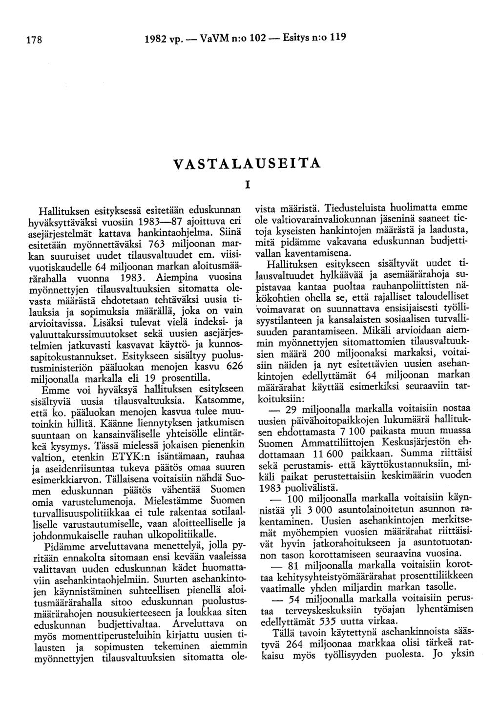 178 1982 vp.- VaVM n:o 102- Esitys n:o 119 VASTALAUSEITA 1 Hallituksen esityksessä esitetään eduskunnan hyväksyttäväksi vuosiin 1983-87 ajoittuva eri asejärjestelmät kattava hankintaohjelma.